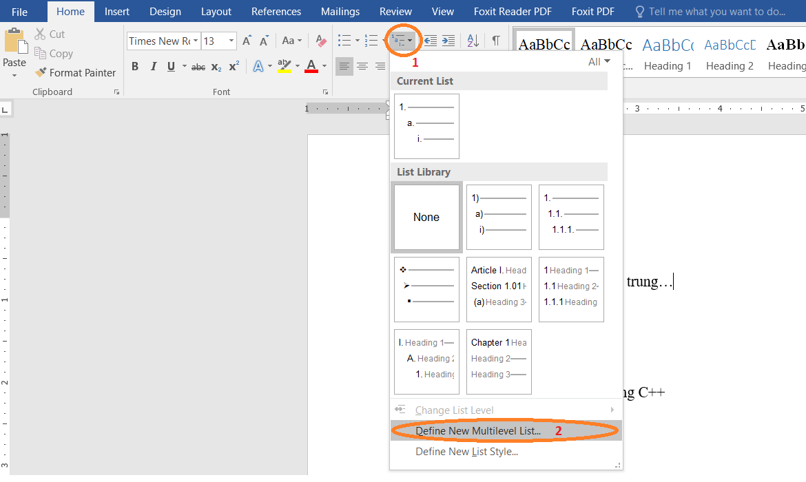 sử dụng multilevel list trong word 2016