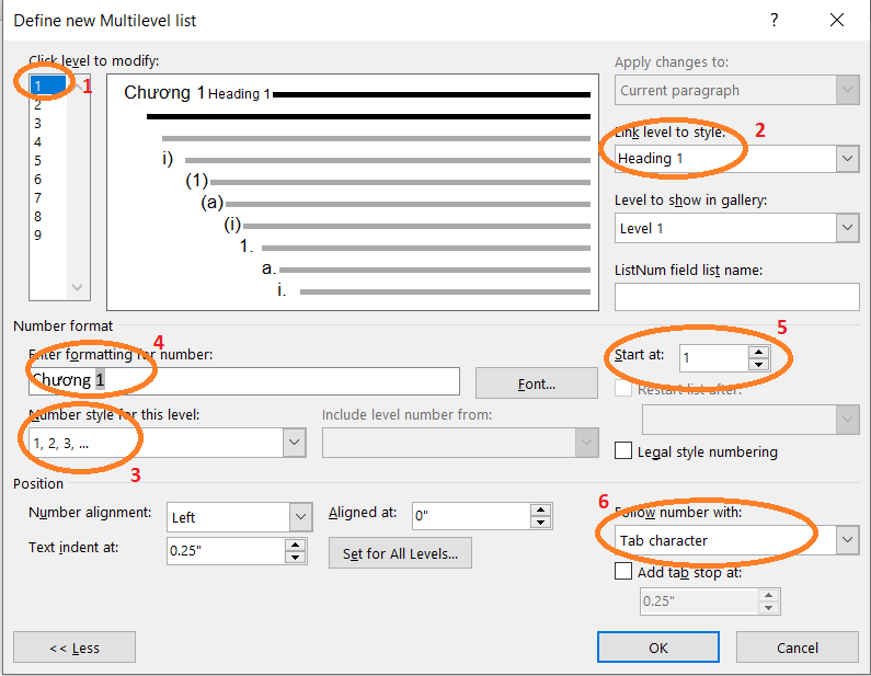 Sử dụng Multilevel List